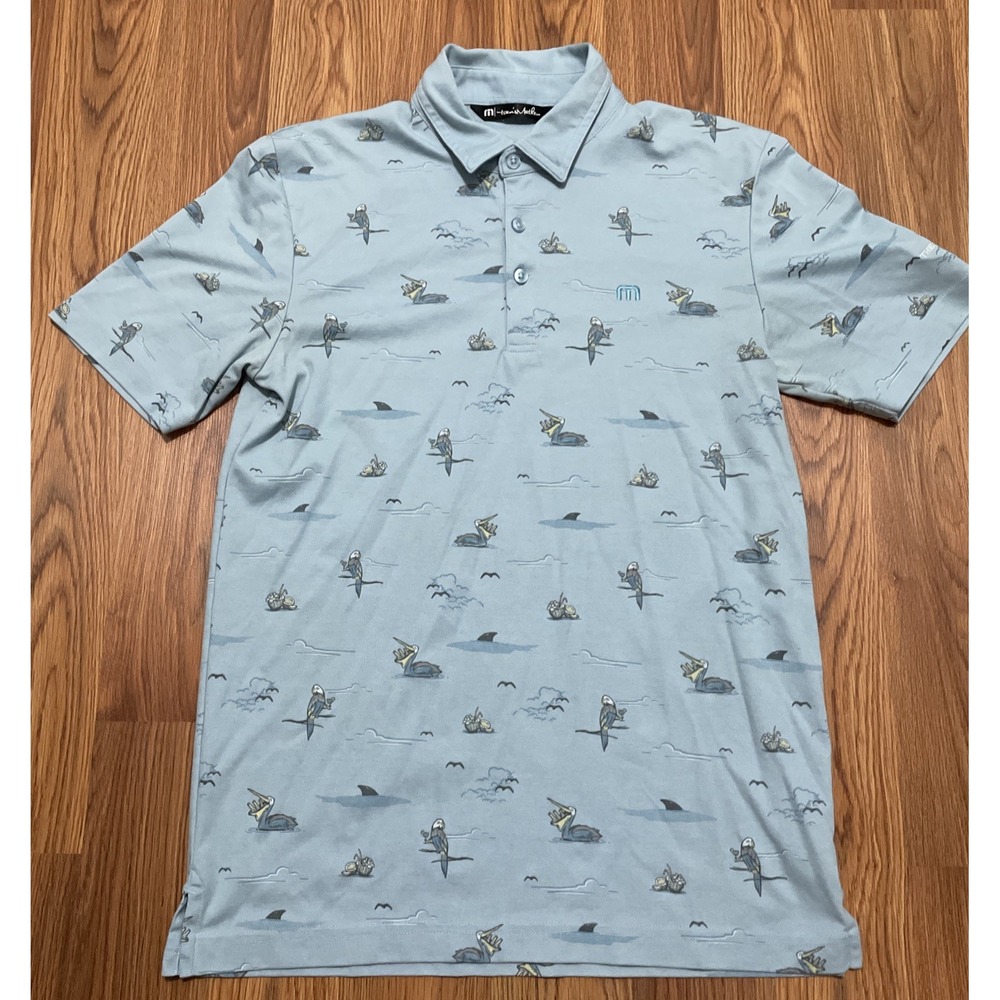 TravisMathew Polo Mens Small Going Rogue Golf Stretch Seagull Print Blue